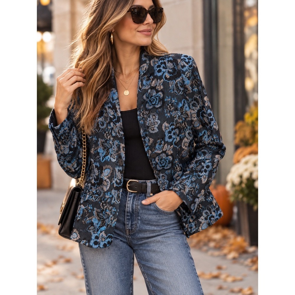 Joni B. Floral Tapestry Blazer Jacket Small Blue Black Metallic Statement Fall